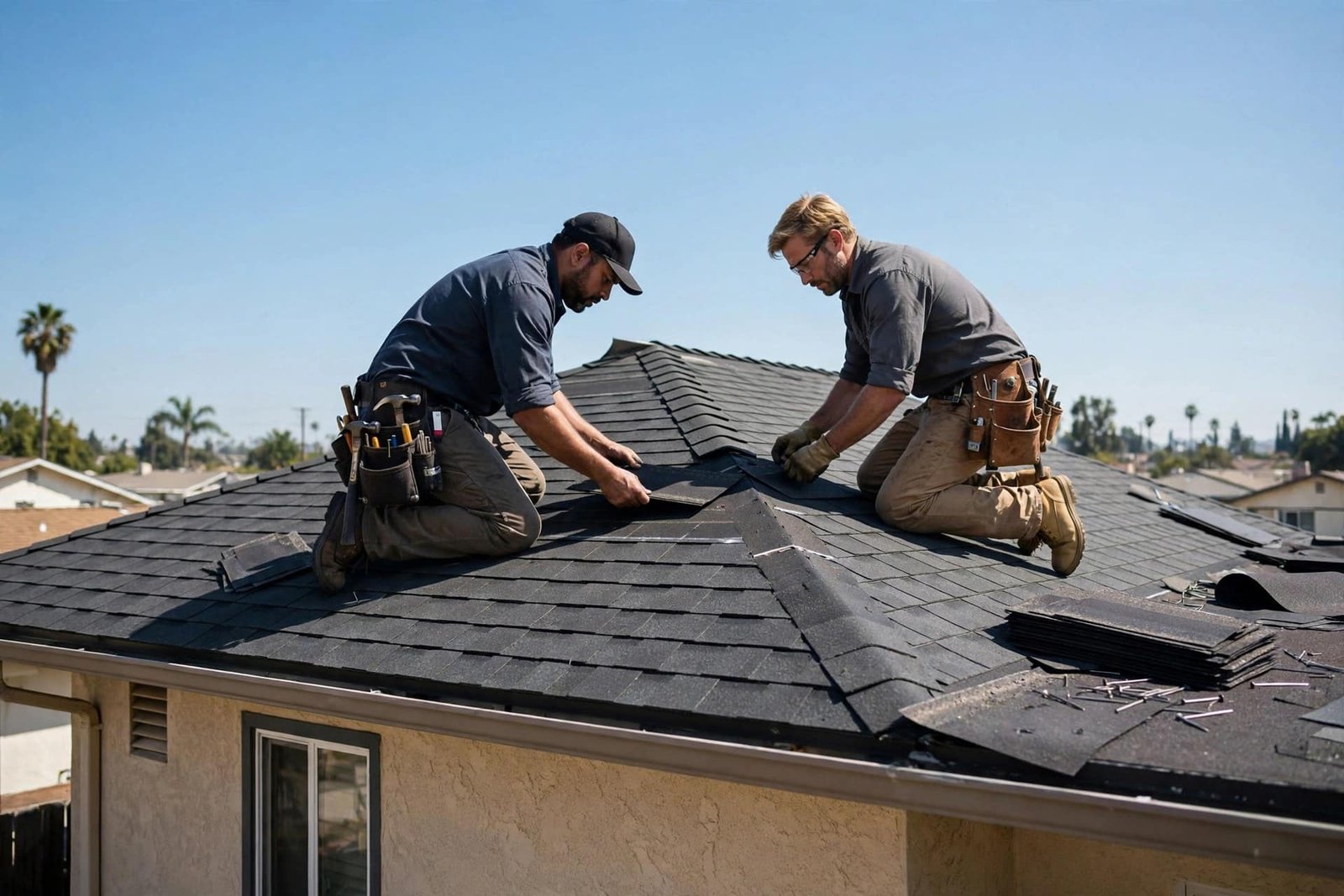 Roofing crew installing new asphalt shingles on a Los Angeles home