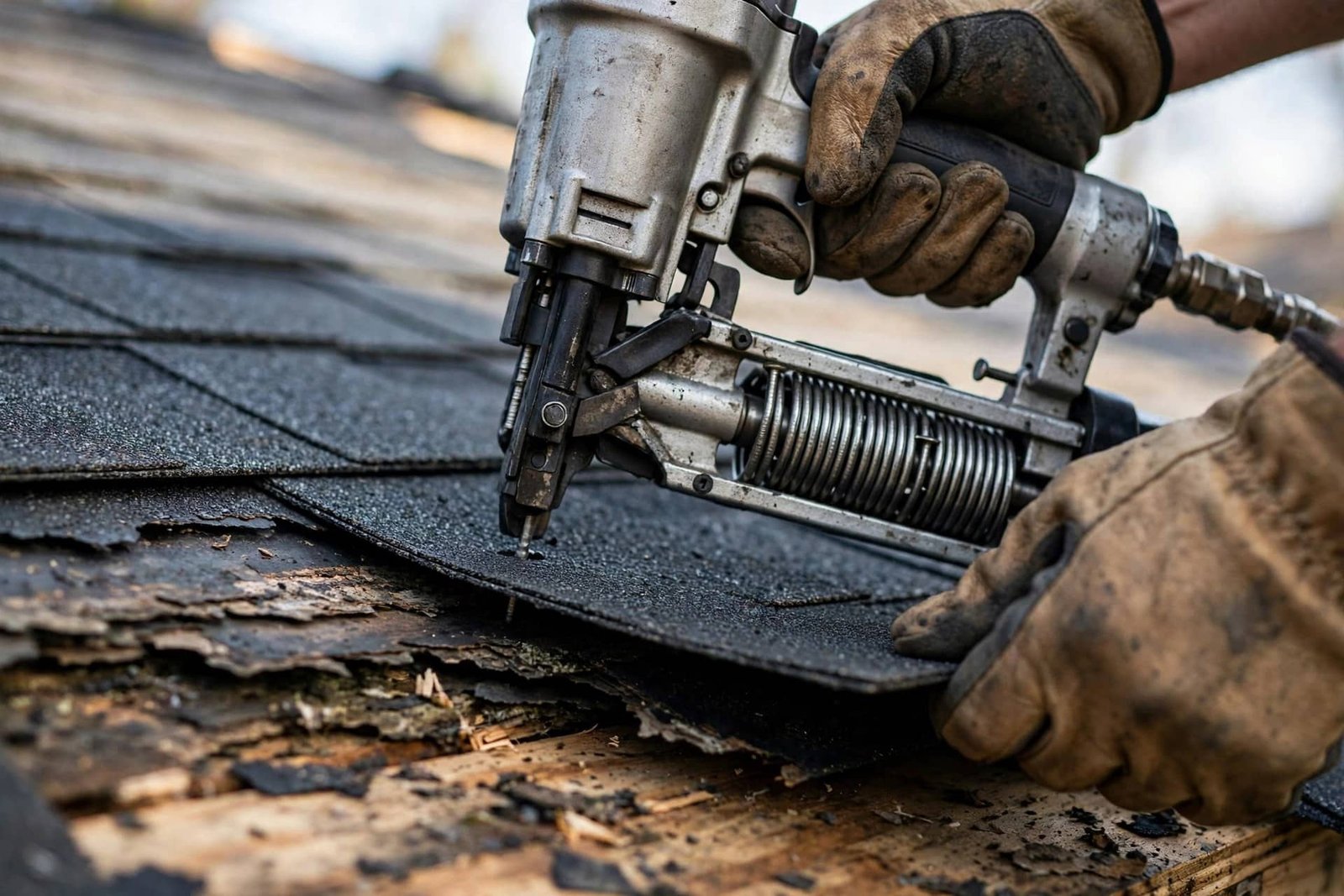 Close-up of a roofer nailing new shingles during a roof replacement in Los Angeles
