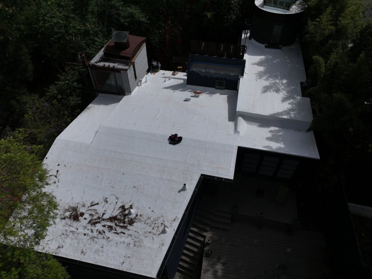 Finished TPO flat roofing system on a residential property in Los Angeles
